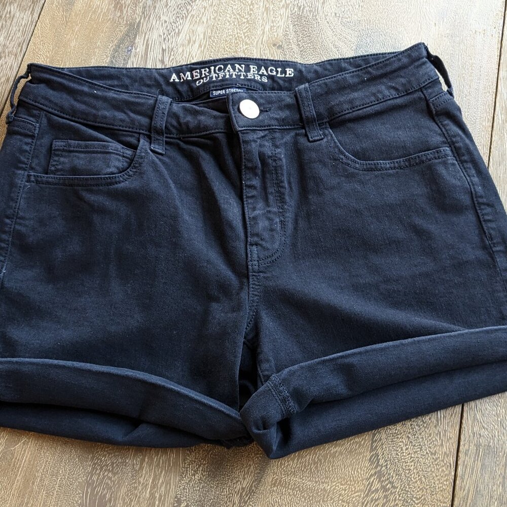 American Eagle Outfitters Super Stretch Midi Black Denim Jean Shorts, Size 12